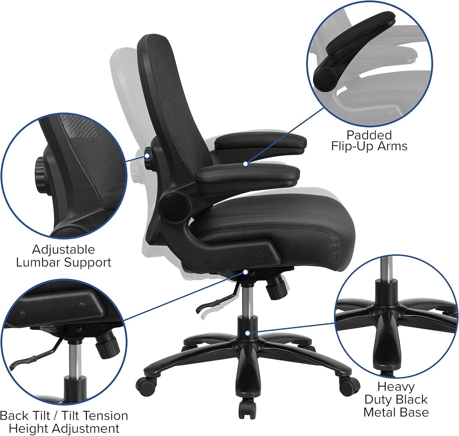 Flash Furniture Big & Tall Swivel Office and Gaming Chair with LeatherSoft Seat, Mesh Office Chair with Flip-Up Armrests and Adjustable Height, Black