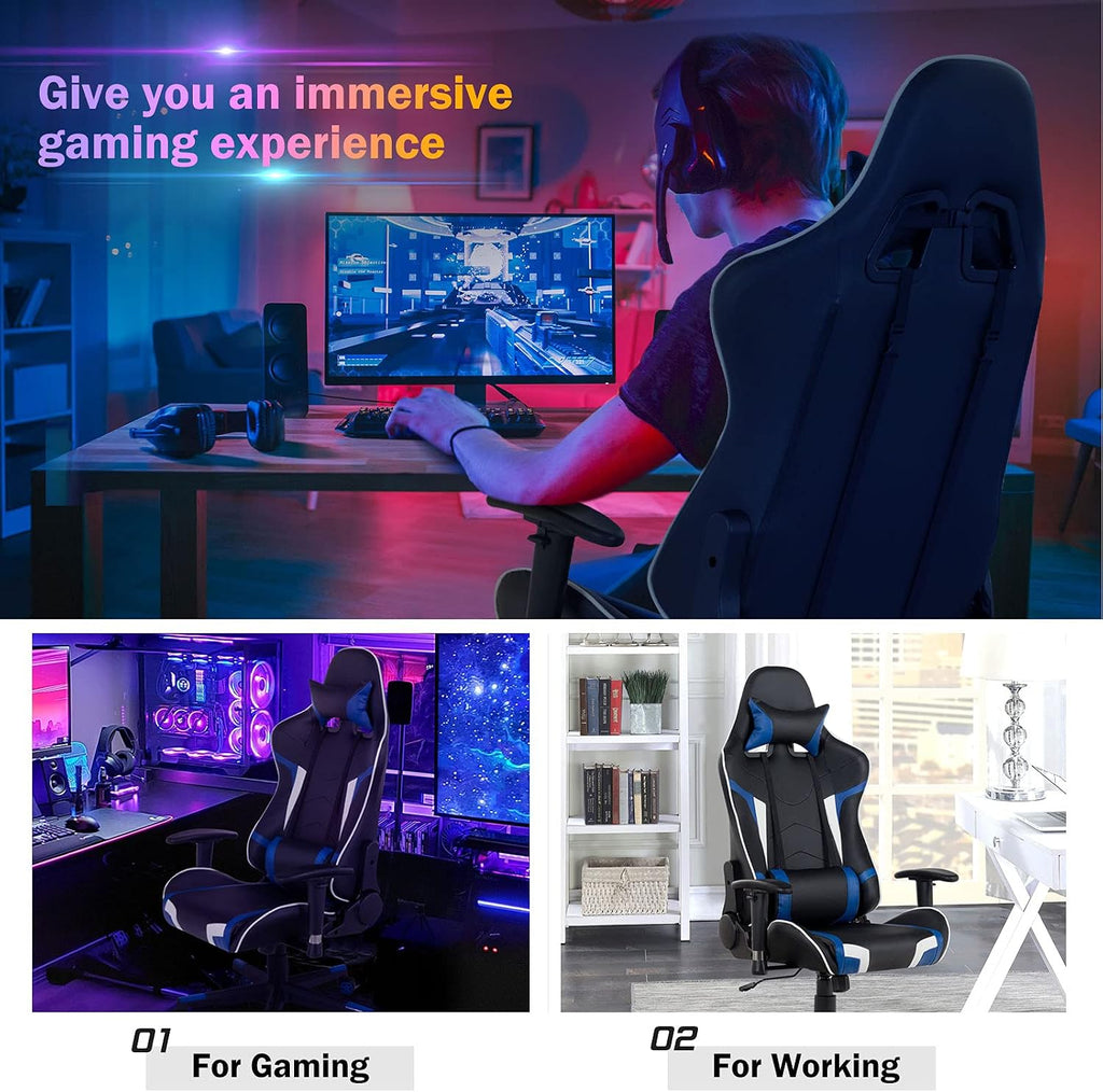 GYMAX Gaming Chair, Massage Gaming Chairs for Adults with Headrest, Lumbar Support & Armrest, Video Computer Reclining Gaming Chair, Office Desk Gamer Task Chair (Blue)