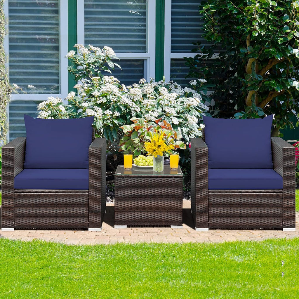 HAPPYGRILL 3-Piece Patio Furniture Set PE Rattan Wicker Sofa Set with Cushions and Coffee Table Outdoor Patio Conversation Set for Garden Poolside Balcony