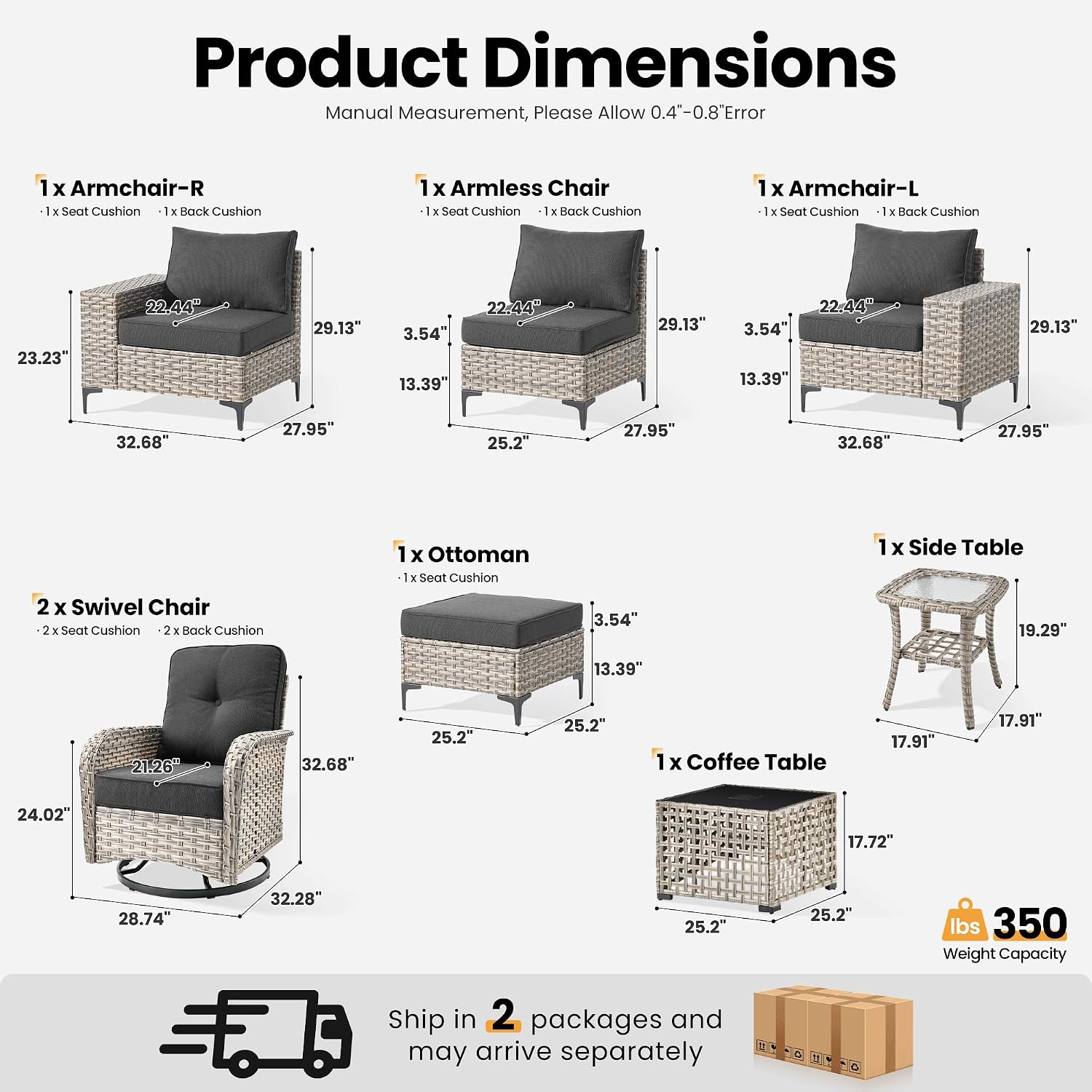ovios 8-Piece Patio Furniture Set with L-Shape Sofa Chaise, Outdoor Sectional Couch Swivel Gliders Solar Table, Modern Modular Wicker Rattan Conversation Set, Black