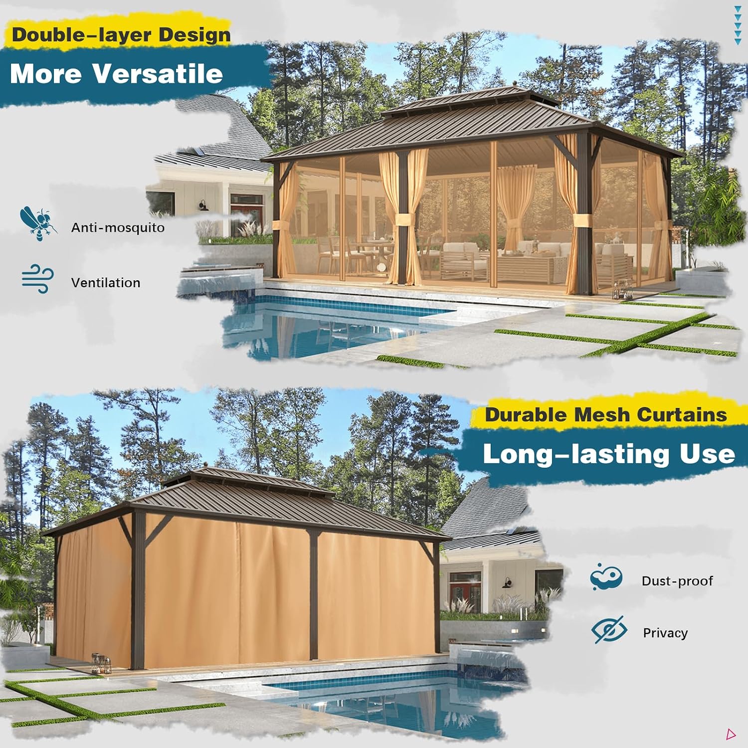MELLCOM 12'x20' Hardtop Gazebo, Metal Double Roof Aluminum Gazebos with Curtain and Netting,Brown Permanent Galvanized Steel Pavilion for Patio, Lawn & Deck