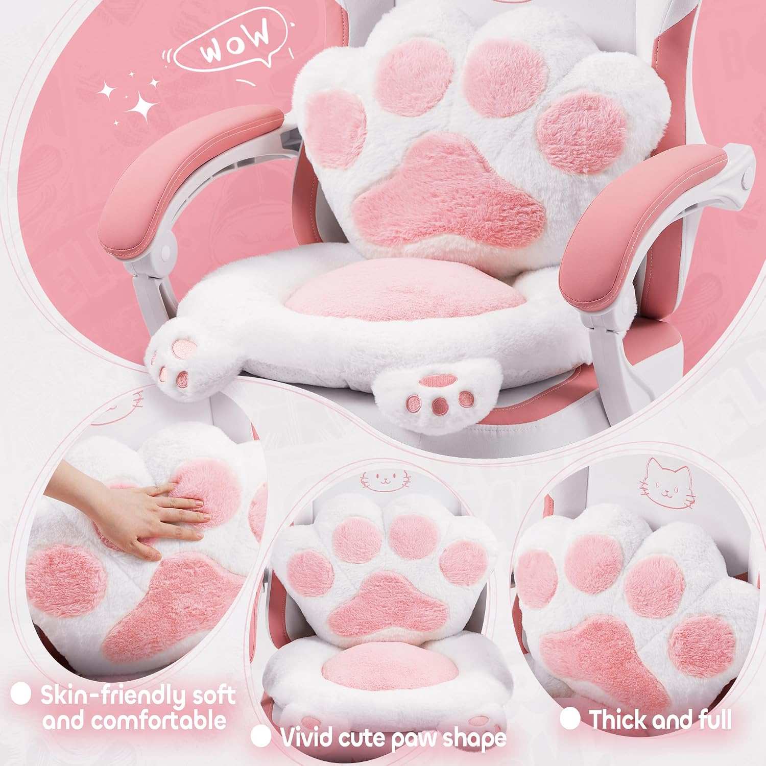 Pink Gaming Chair Cute with Cat Ears Paw Lumbar and Cushion,Ergonomic Computer Chair with Footrest,Reclining PC Game Chair for Girl Computer Chair 300lbs for Adult