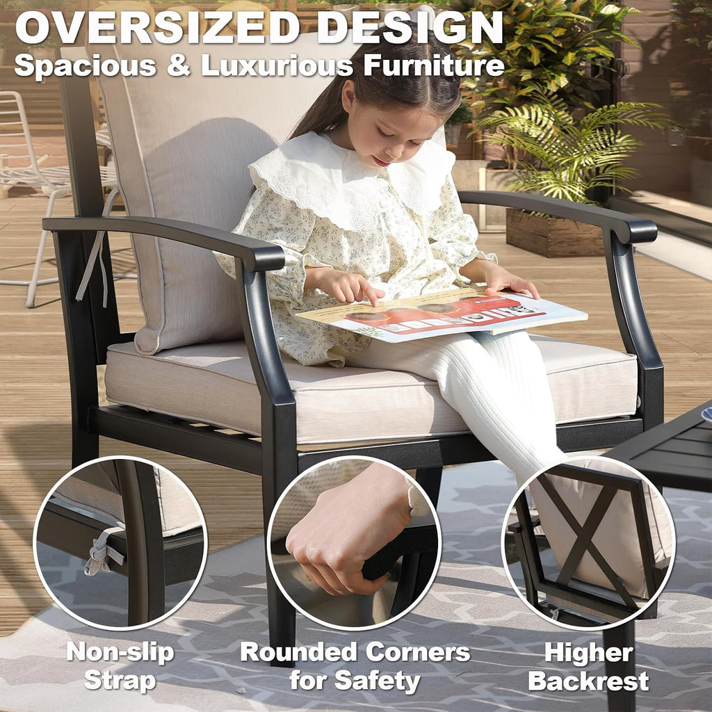 4-Piece Patio Furniture Set, Wider Outdoor Metal Seating Sofa with High Back & Loveseat, Coffee Table, All Weather Metal Conversation Set for Backyard, Poolside, Deck-Beige