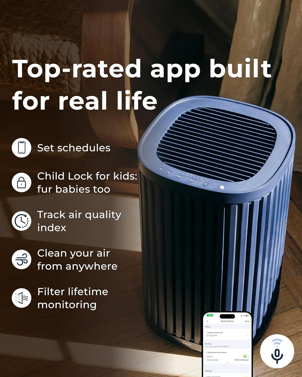 Windmill Air Purifier for Home - 3-In-1 Filtration for Dust, Smoke, & More - True HEPA Filter, Activated Carbon, & Pre-Filter - Ultra-Quiet - App Compatible - Covers Up To 975 sq ft - Coral