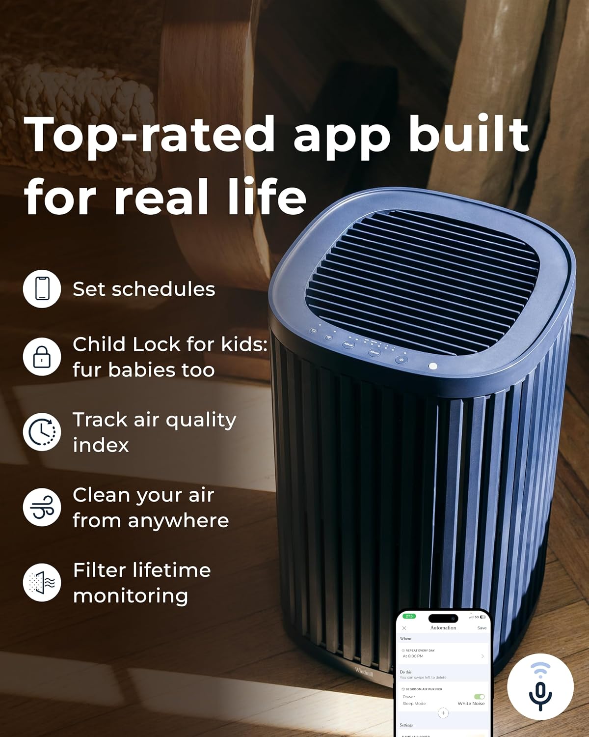 Windmill Air Purifier for Home - 3-In-1 Filtration for Dust, Smoke, & More - True HEPA Filter, Activated Carbon, & Pre-Filter - Ultra-Quiet - App Compatible - Covers Up To 975 sq ft - Coral