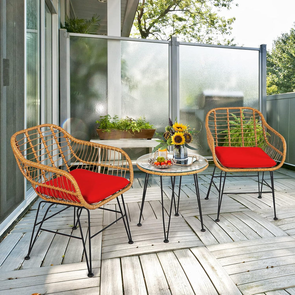 Tangkula 3 Pieces Patio Bistro Set, Rattan Conversation Set with 2 Cushioned Armchairs & Round Glass Coffee Table, Indoor Outdoor Wicker Furniture Set for Balcony, Backyard, Garden, Poolside