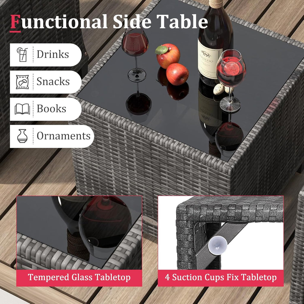 KOTEK 3 Piece Patio Furniture Set, Outdoor PE Rattan Conversation Set with Washable Cushions & Tempered Glass Tabletop, Wicker Chairs and Table Set for Porch, Garden, Balcony (Red)