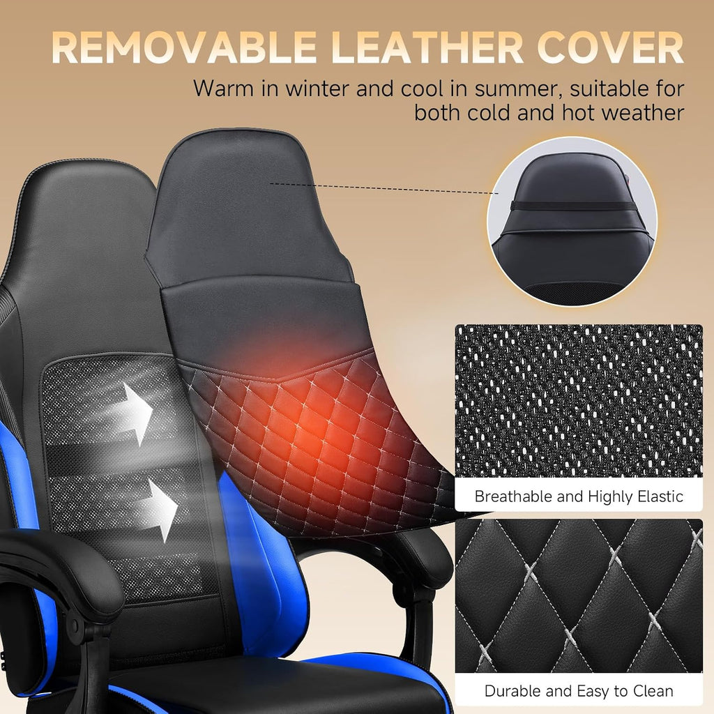GTPLAYER Gaming Chair, High Back Leather Computer Gaming Chair with Footrest, Ergonomic Height Adjustable Office Chair with Removable Cover and Lumbar Support for Gaming and Work (Blue)