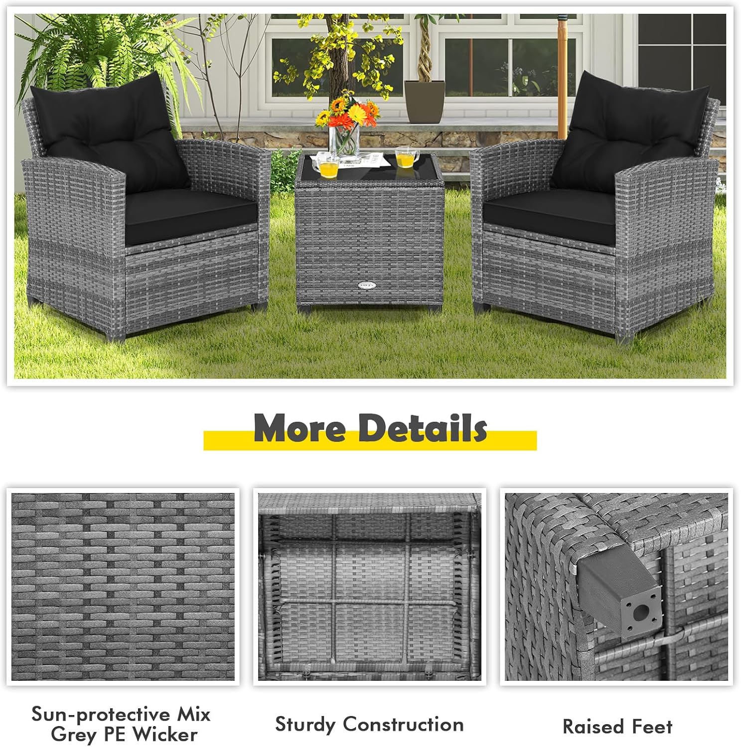 COSTWAY 3PCS Patio Furniture Set, PE Rattan Wicker Sofa w/Washable Cushion and Coffee Table, Tempered Glass Tabletop, Outdoor Conversation Set for Balcony, Porch, Yard, Backyard, Lawn, Black