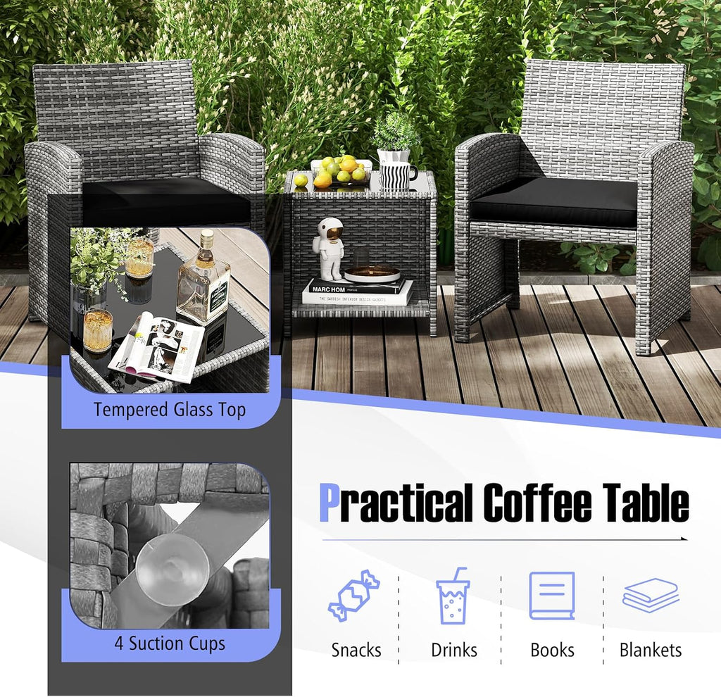 Tangkula 3 Pieces Patio Furniture Set, PE Rattan Outdoor Chairs with Tempered Glass Coffee Table & Soft Seat Cushions, Patio Bistro Set, Outdoor Conversation Set for Porch, Backyard Poolside (Black)