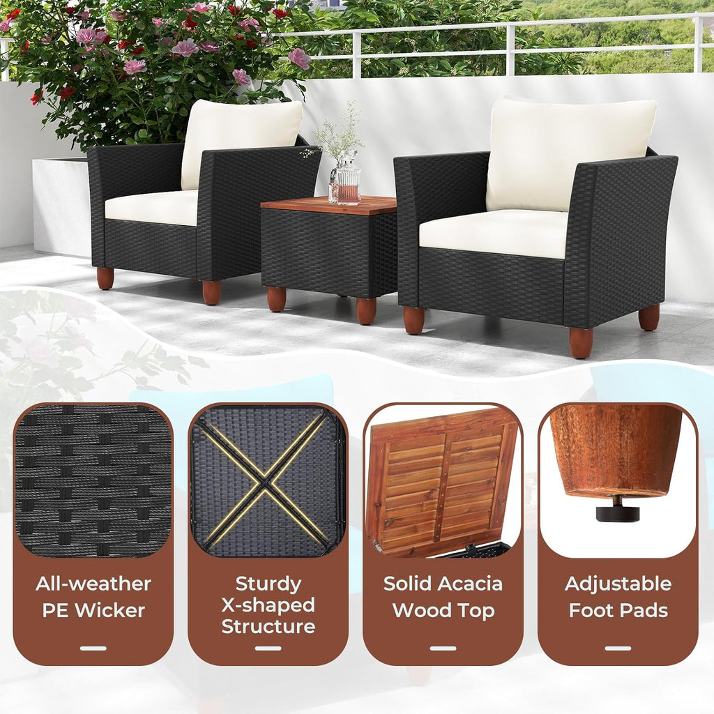 ORALNER 3 Pieces Patio Furniture Set, Outdoor Wicker Conversation Chairs with Cushion, Acacia Coffee Table, Rattan Bistro Set for Balcony Garden Backyard Front Porch Poolside (Off White)