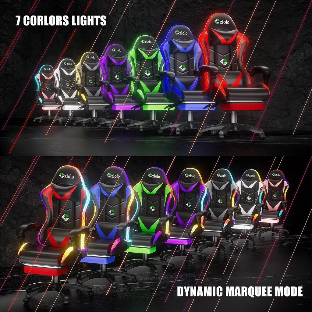 Czlolo Gaming Chair, RGB LED Lights Computer Chair with Footrest, Lumbar Support Massager Gamer Chair, High Back, 90-135° Reclining, Linkage Armrests, Blue