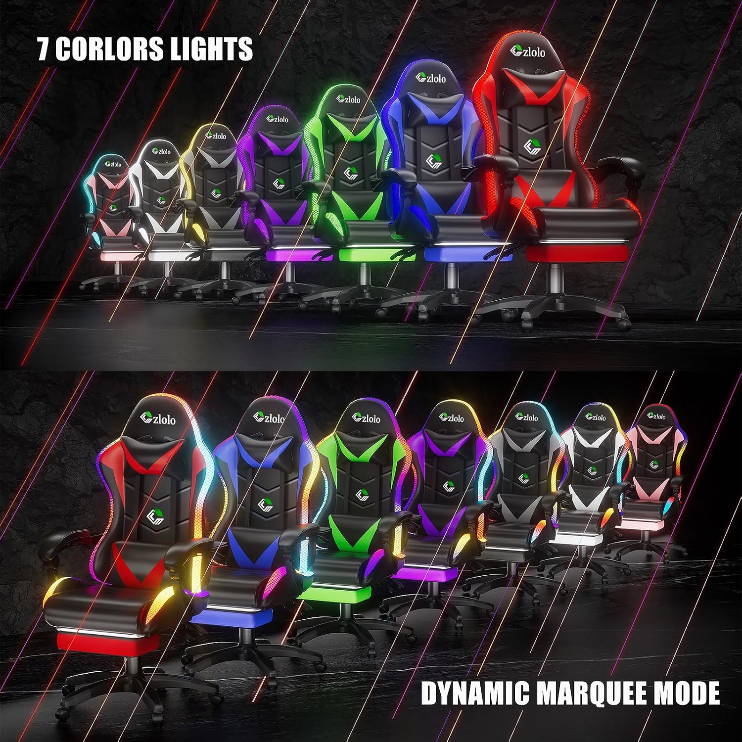 Czlolo Gaming Chair, RGB LED Lights Computer Chair with Footrest, Lumbar Support Massager Gamer Chair, High Back, 90-135° Reclining, Linkage Armrests, Red