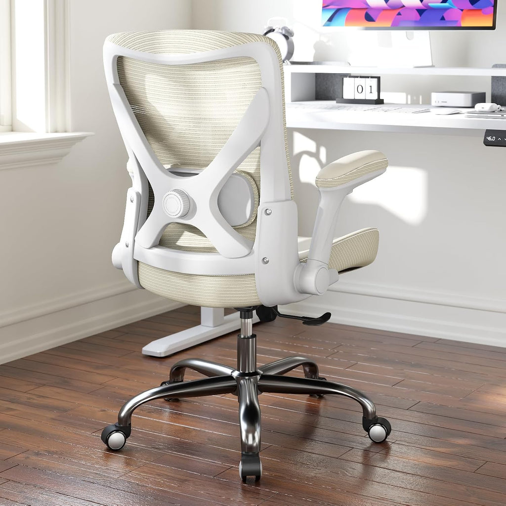 Ergalithic Office Home Ergonomic Desk Chair-Computer X-Shaped Chair Mesh PU Leather with Adjustable Lumbar Support-Executive Chair High Back Flip-Up Arms for Long Hours (Beige-No Headrest)