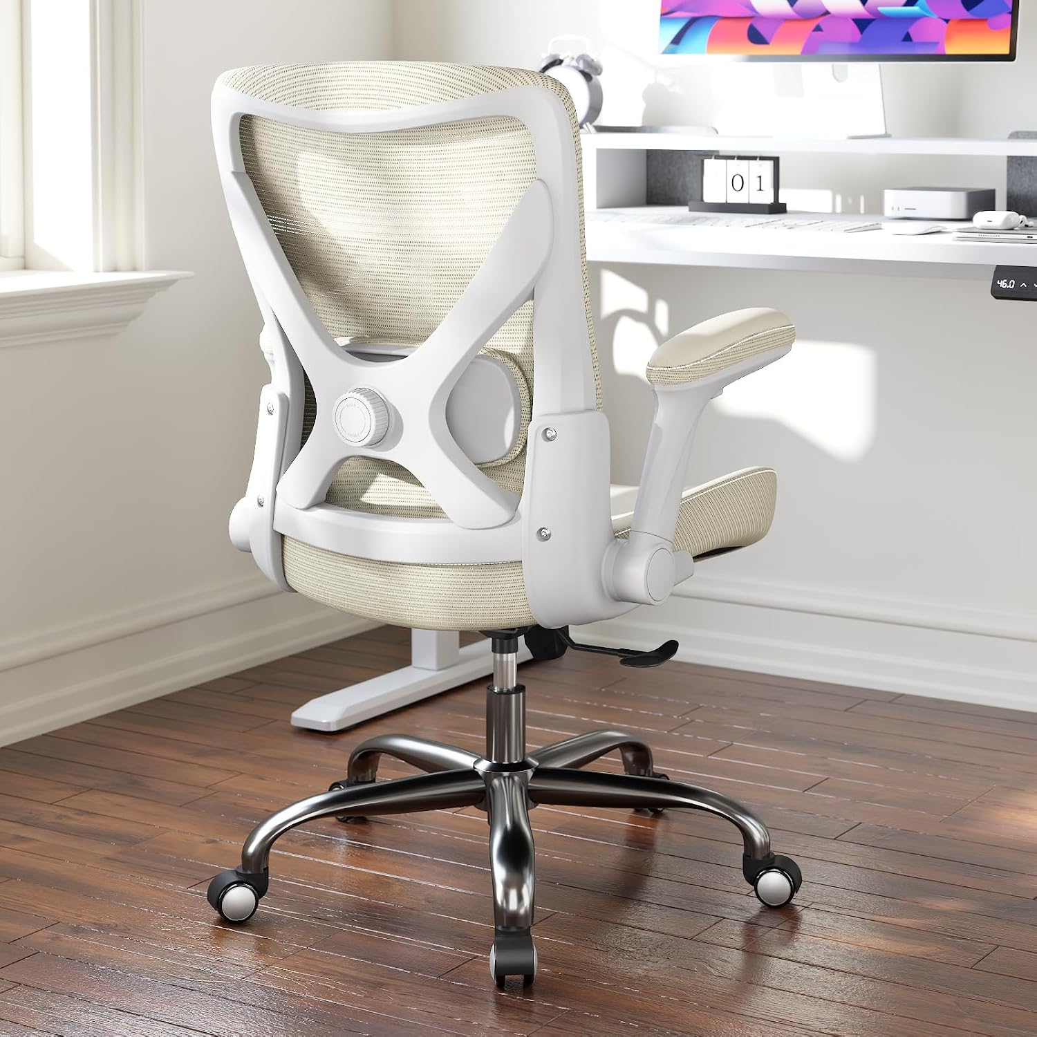 Ergalithic Office Home Ergonomic Desk Chair-Computer X-Shaped Chair Mesh PU Leather with Adjustable Lumbar Support-Executive Chair High Back Flip-Up Arms for Long Hours (Beige-No Headrest)