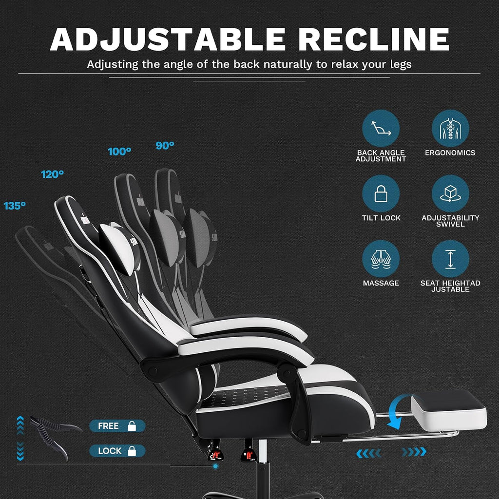 Ergonomic Video Gamer Chairs Gaming Computer Chair Gamer Chairs for Adults Massage Lumbar Support Swivel Height Adjustable Headrest Backrest