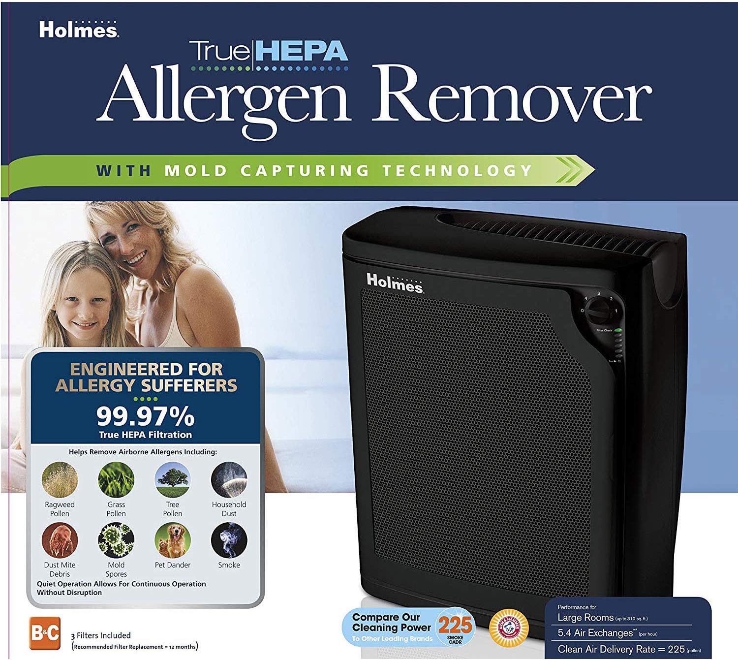 Holmes TRUE HEPA Console Air Purifier with Filter Life Monitor Bar and Quiet Operation | Large Room Air Cleaner - Black (HAP8650B-NU-2)