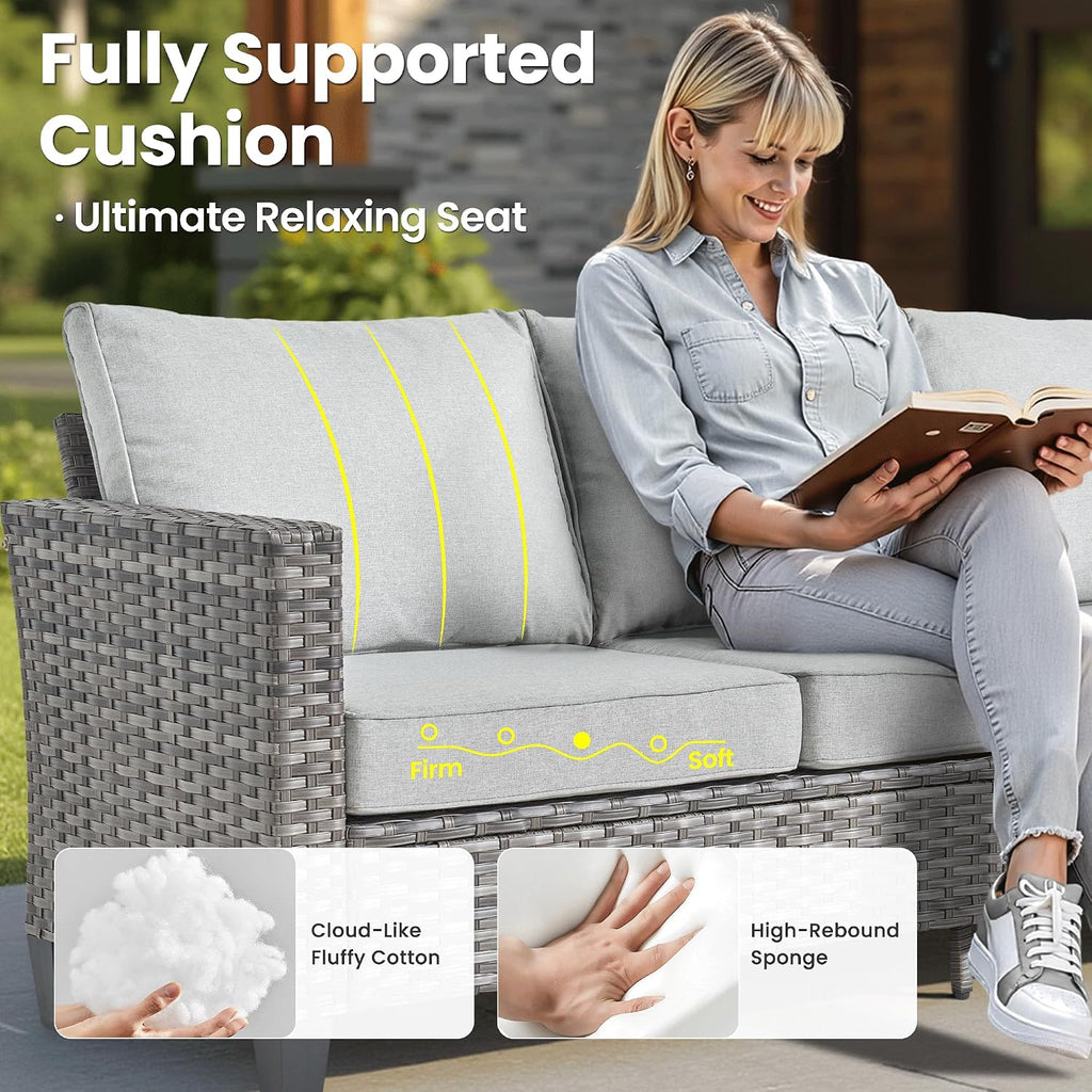 ovios 7-Pieces Patio Furniture Set, Outdoor Wicker Sofa Couch with Swivel Glider Chairs Loveseat Comfy Cushions Modern Conversation Set for Backyard Porch, Grey
