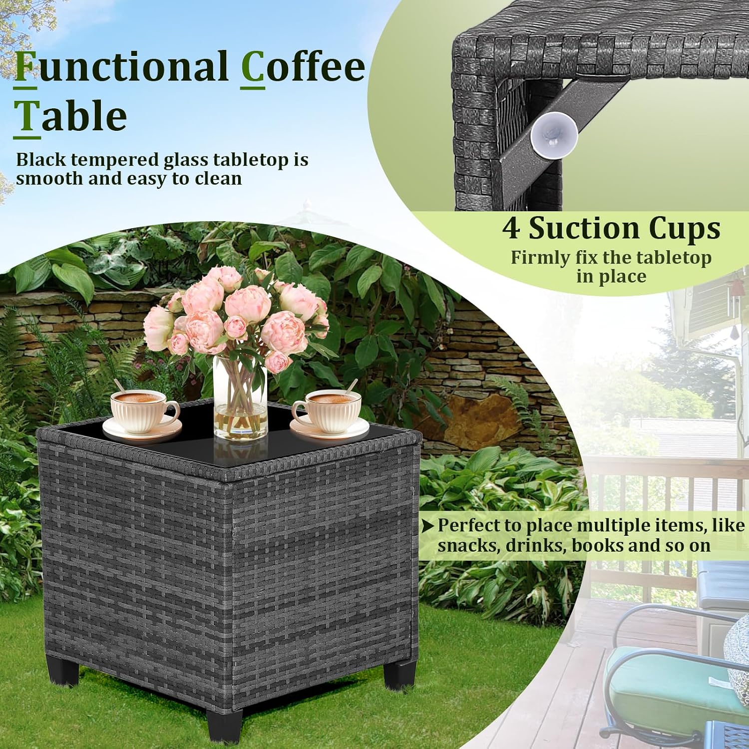 RELAX4LIFE 3 Piece Patio Furniture Set, Wicker Bistro Conversation Set w/2 Cushioned Armchairs & Glass Topped Table, Outdoor Rattan Sofa Set Patio Furniture for Porch Balcony Poolside (Grey-Black)
