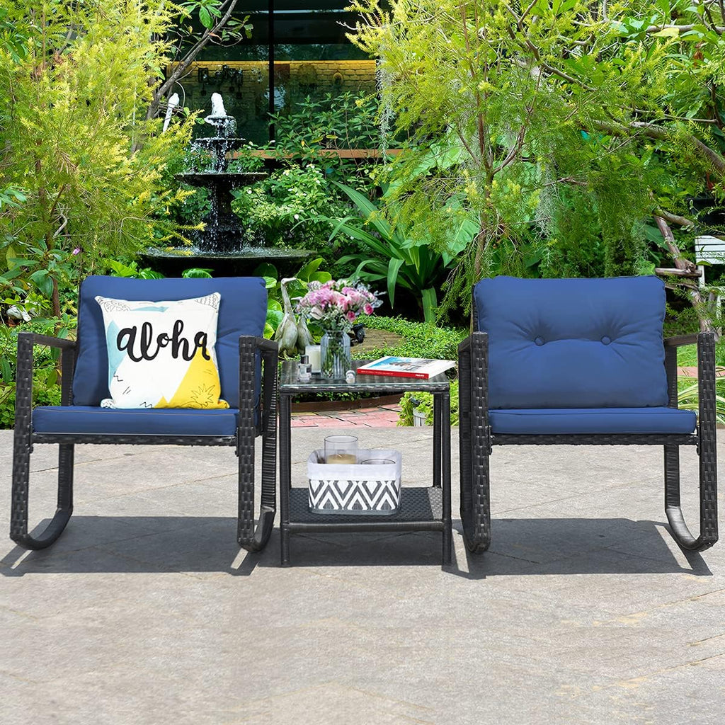 COSTWAY 3 Pieces Patio Rattan Rocking Chair Set, Outdoor Conversation Furniture Sets with Coffee Table, Storage Shelf and Cushions, Modern Bistro Set for Porch, Backyard, Garden, Navy