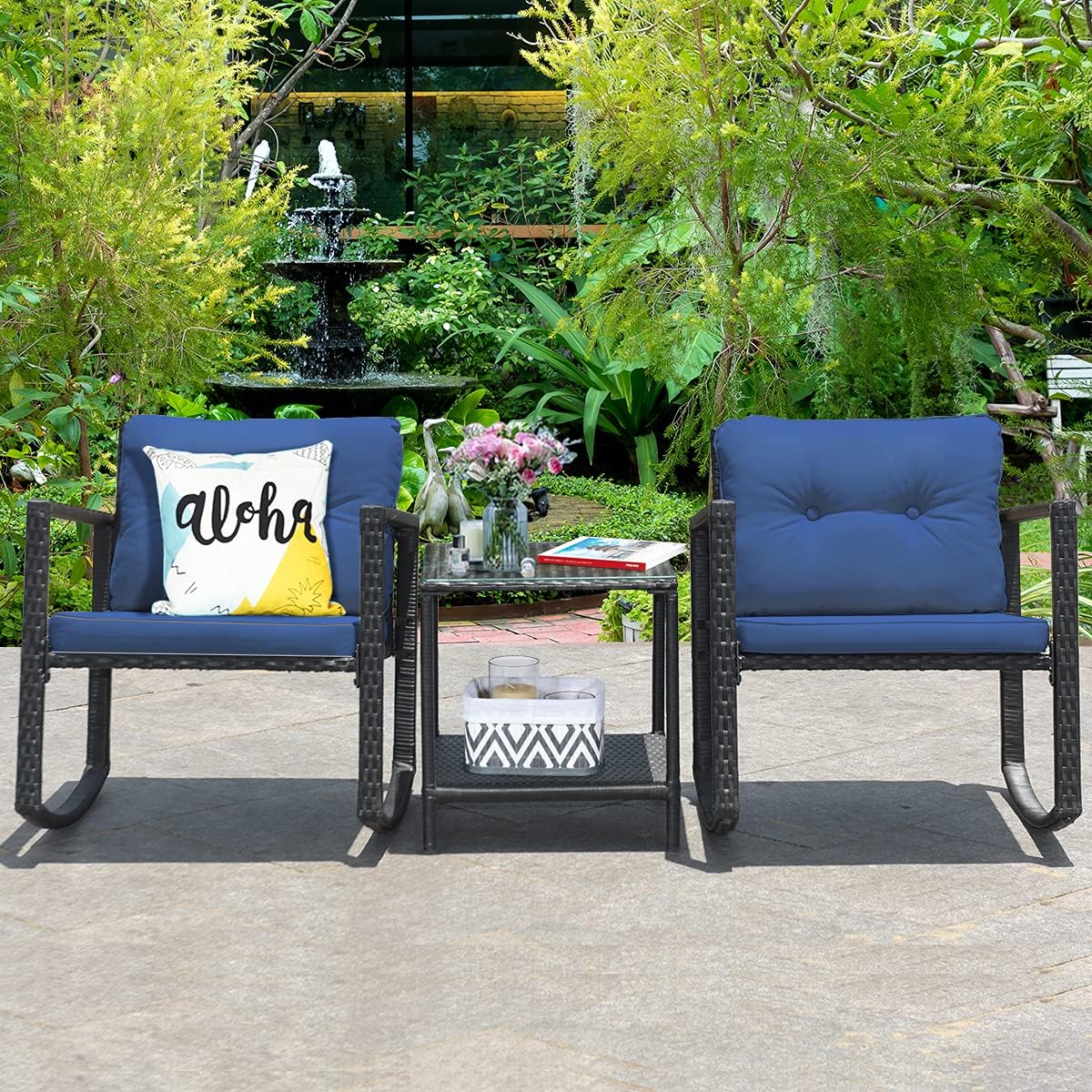 COSTWAY 3 Pieces Patio Rattan Rocking Chair Set, Outdoor Conversation Furniture Sets with Coffee Table, Storage Shelf and Cushions, Modern Bistro Set for Porch, Backyard, Garden, Navy