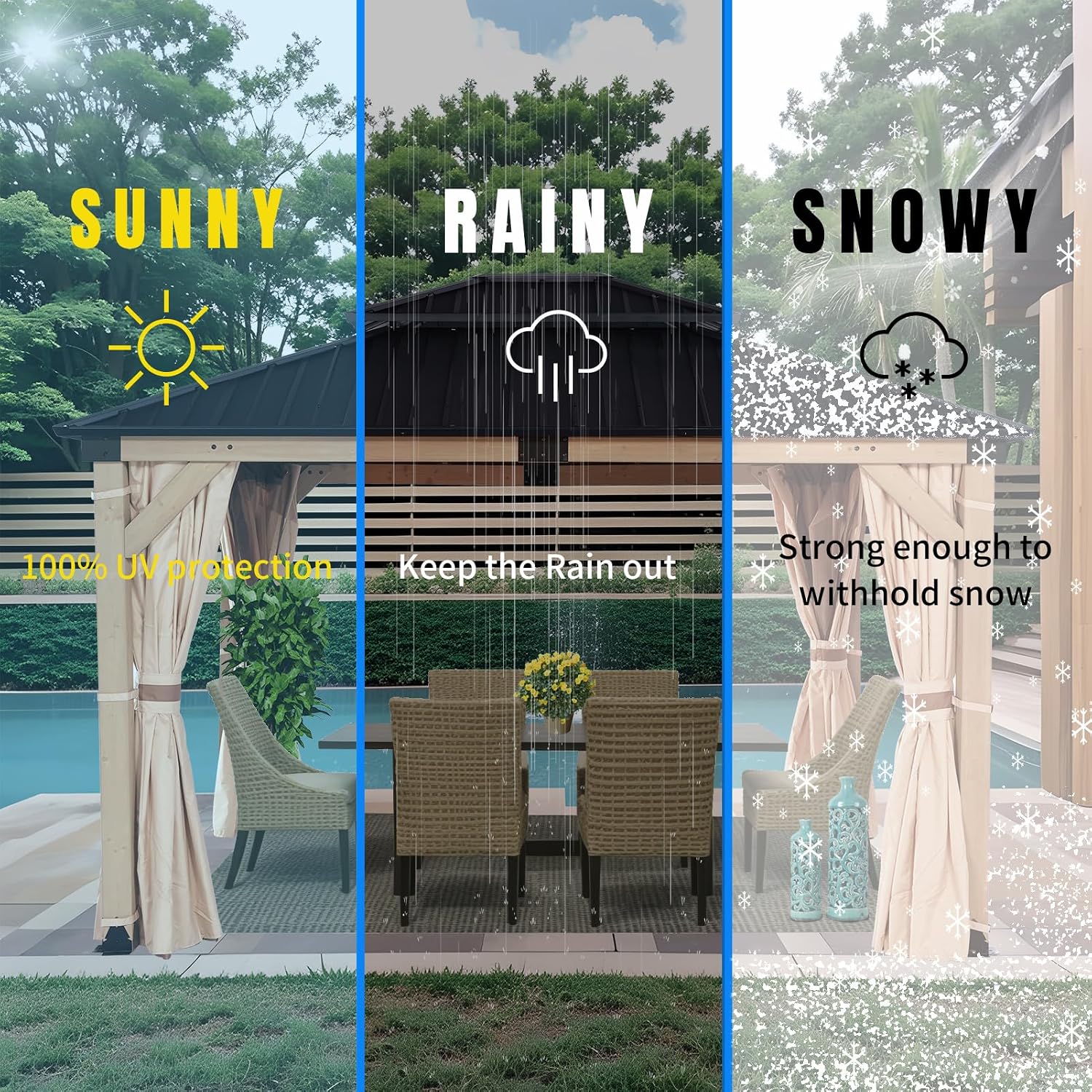FAB BASED 10x12FT Hardtop Wood Gazebo, Natural Solid Cedar Frame Gazebo with 2-Tier Vented Roof, Outdoor Metal Canopy Pavilion with Netting & Curtains for Deck, Garden, Backyard, Lawn