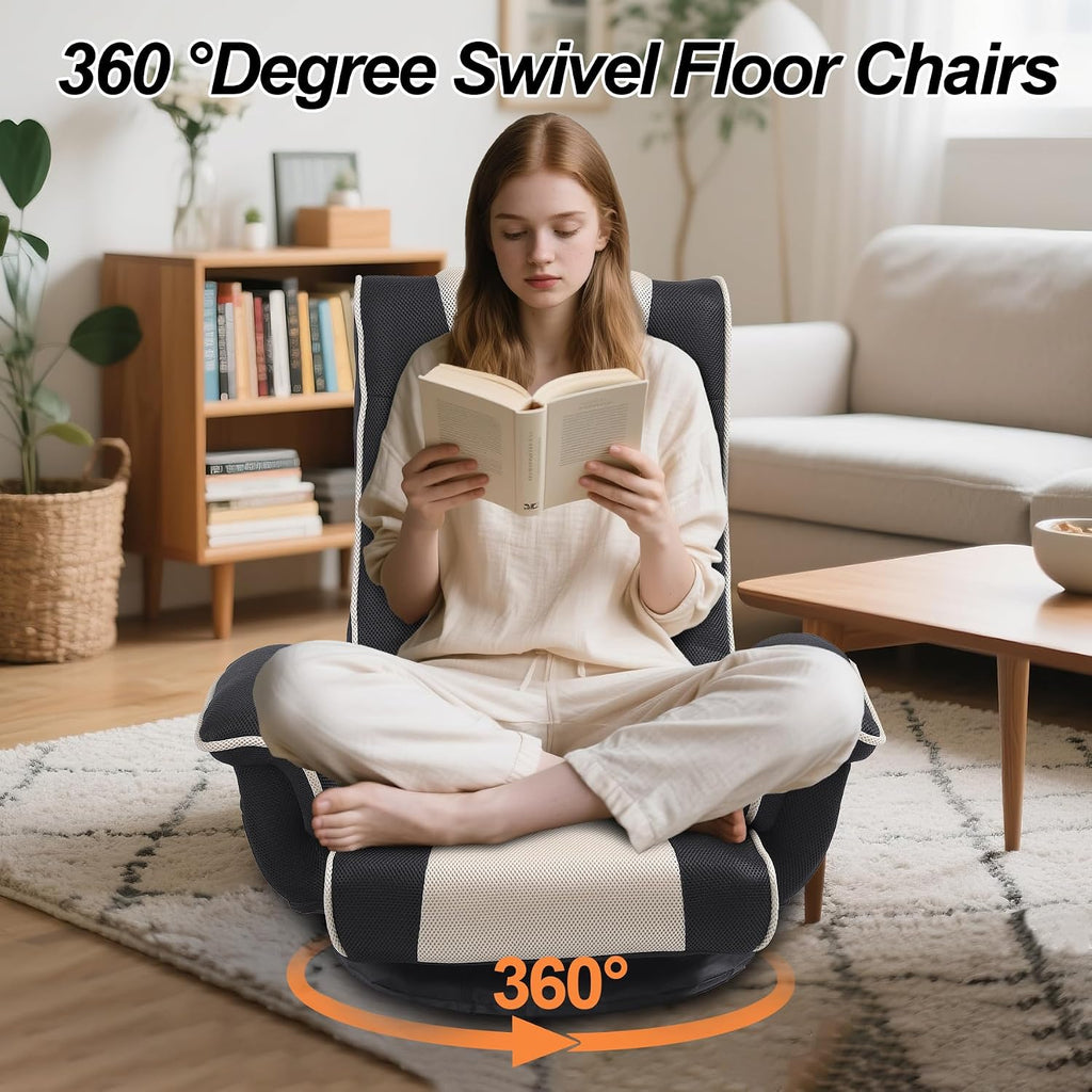 Swivel Floor Chairs for Adults, Floor Gaming Chair with Extra Wide Arms, Back Support 14 Angles Adjustable Comfortable Double Mesh Fabric Lazy Sofa for Video Game Chairs 201 (Grey + Beige)
