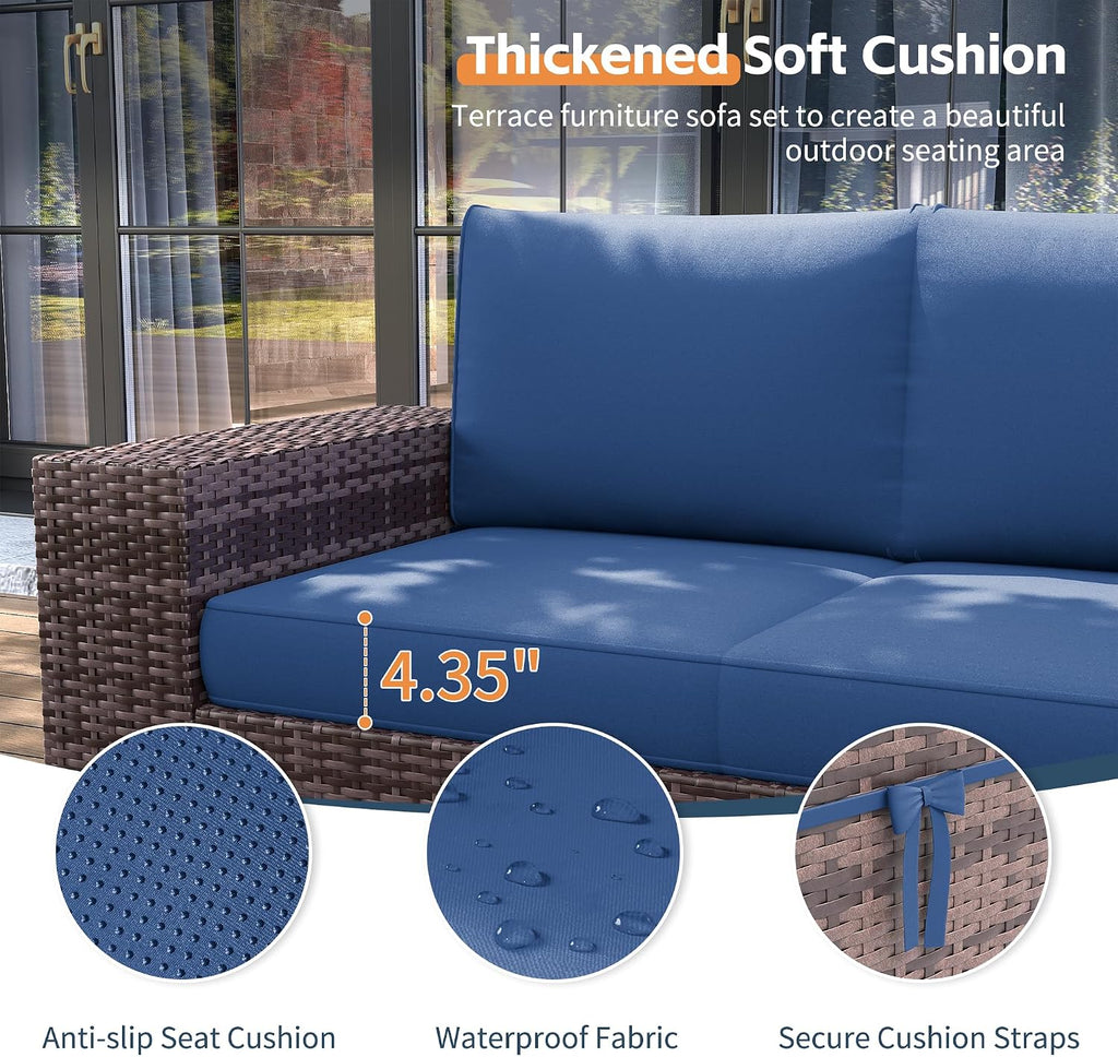 UDPATIO Furniture Set with Fire Pit Table, 8 Inch Wide Armrest 7 Piece Sectional Sofas, All-Weather Wicker Conversation for Garden, Backyard, Blue
