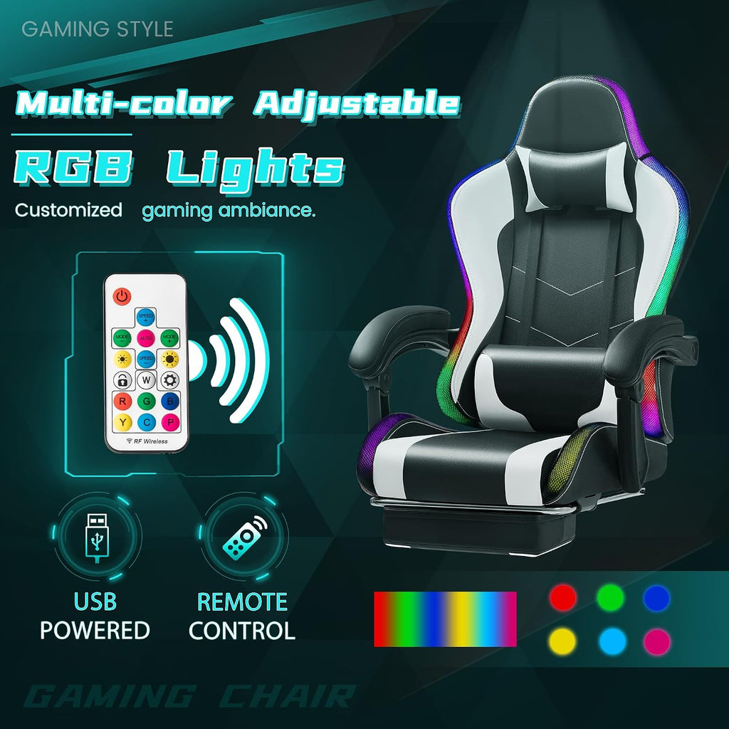 Gaming Chair with RGB, Computer Gaming Chairs with LED Lights and Footrest for Home, Office, White and Black