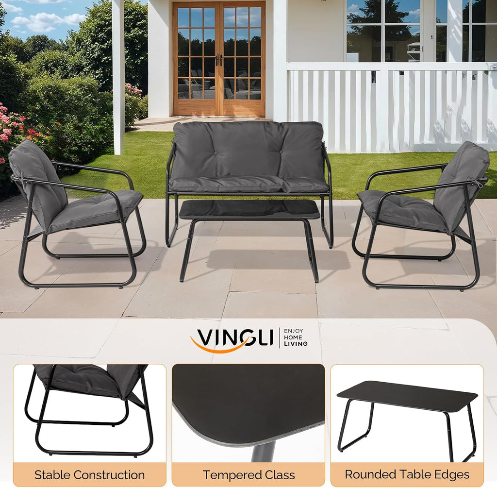 VINGLI 4 Piece Patio Conversation Set, Outdoor Furniture Set with Glass Coffee Table & Comfortable Cushion, All-Weather Cushioned Seating for Garden, Backyard, Porch, Grey