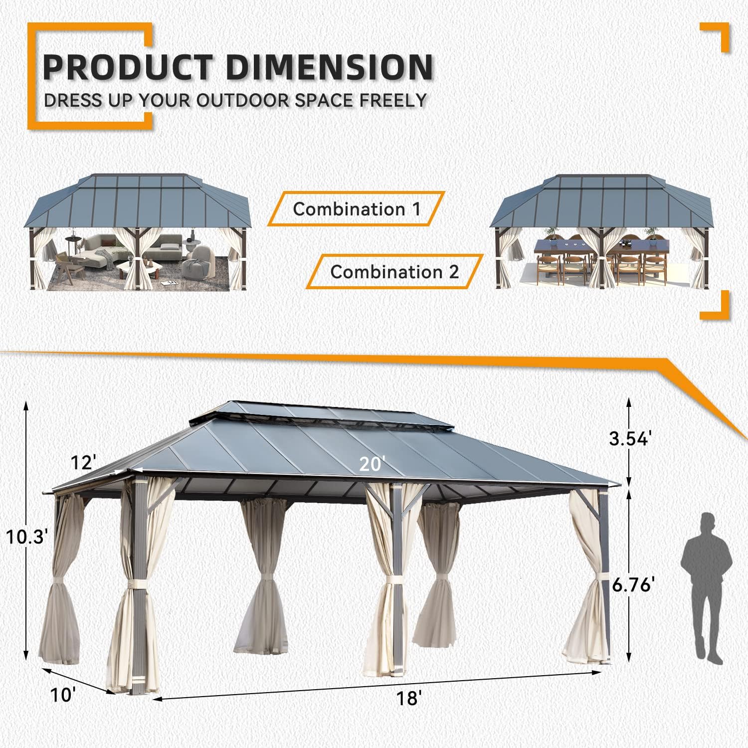 EROMMY 12' x 20' Gazebo Outdoor Double Roof Aluminum Composite Canopy Aluminum Frame Pavilion with Curtains and Netting for Patio Lawn Garden Backyard