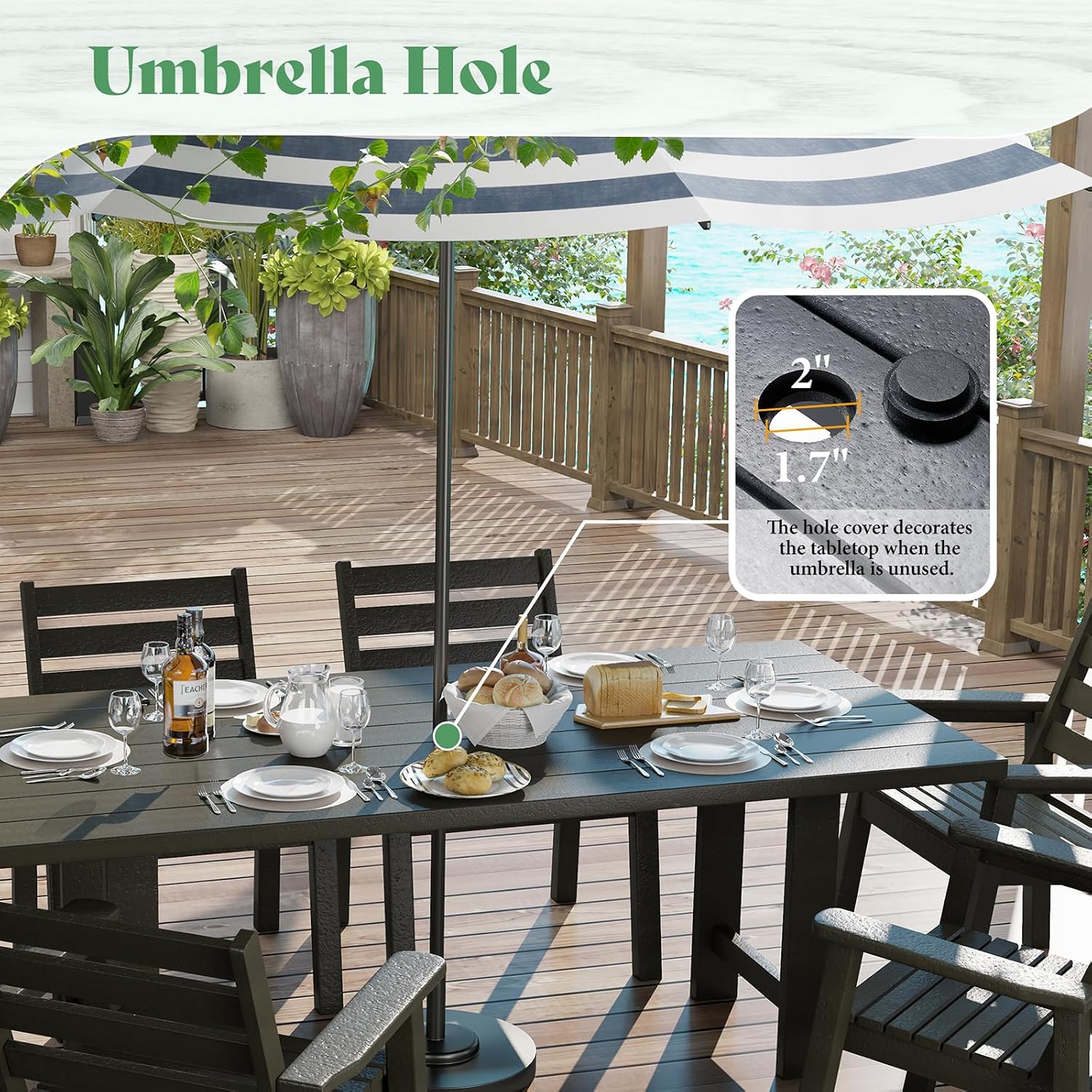 AMERLIFE 7-Piece HDPE Outdoor Dining Table Set with 6 Chairs, 71' L Patio Dining Furniture Set with Umbrella Hole, Modern Dinner Table & Chairs Set for Garden, Backyard, Poolside, Black