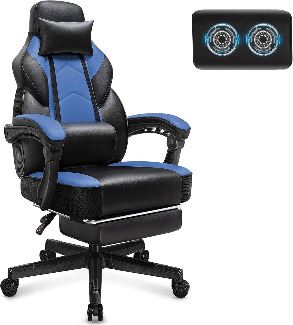 Video Game Chair for Adults, Gaming Chair with Footrest, Big and Tall Computer Chair with Massage Lumbar Support 330lbs Weight Capacity, Adjustable Height, 360° Swivel Seat and Headrest (Blue)