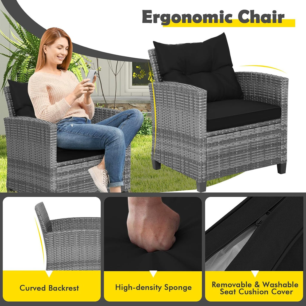 COSTWAY 3PCS Patio Furniture Set, PE Rattan Wicker Sofa w/Washable Cushion and Coffee Table, Tempered Glass Tabletop, Outdoor Conversation Set for Balcony, Porch, Yard, Backyard, Lawn, Black