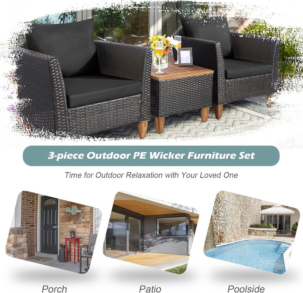 Tangkula 3-Piece Patio Furniture Set, Patiojoy Outdoor PE Wicker Bistro Set with Soft Cushions and Solid Acacia Wood, Outdoor Conversation Set with Porch, Balcony and Garden (Black)