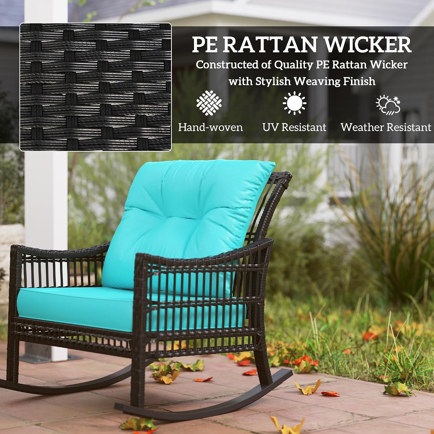 Outsunny Wicker Outdoor Rocking Chair Set, 3 Piece Patio Furniture Set with Padded Cushions and Storage Coffee Table, 2-Seater PE Rattan Bistro Set for Garden Backyard Porch, Turquoise