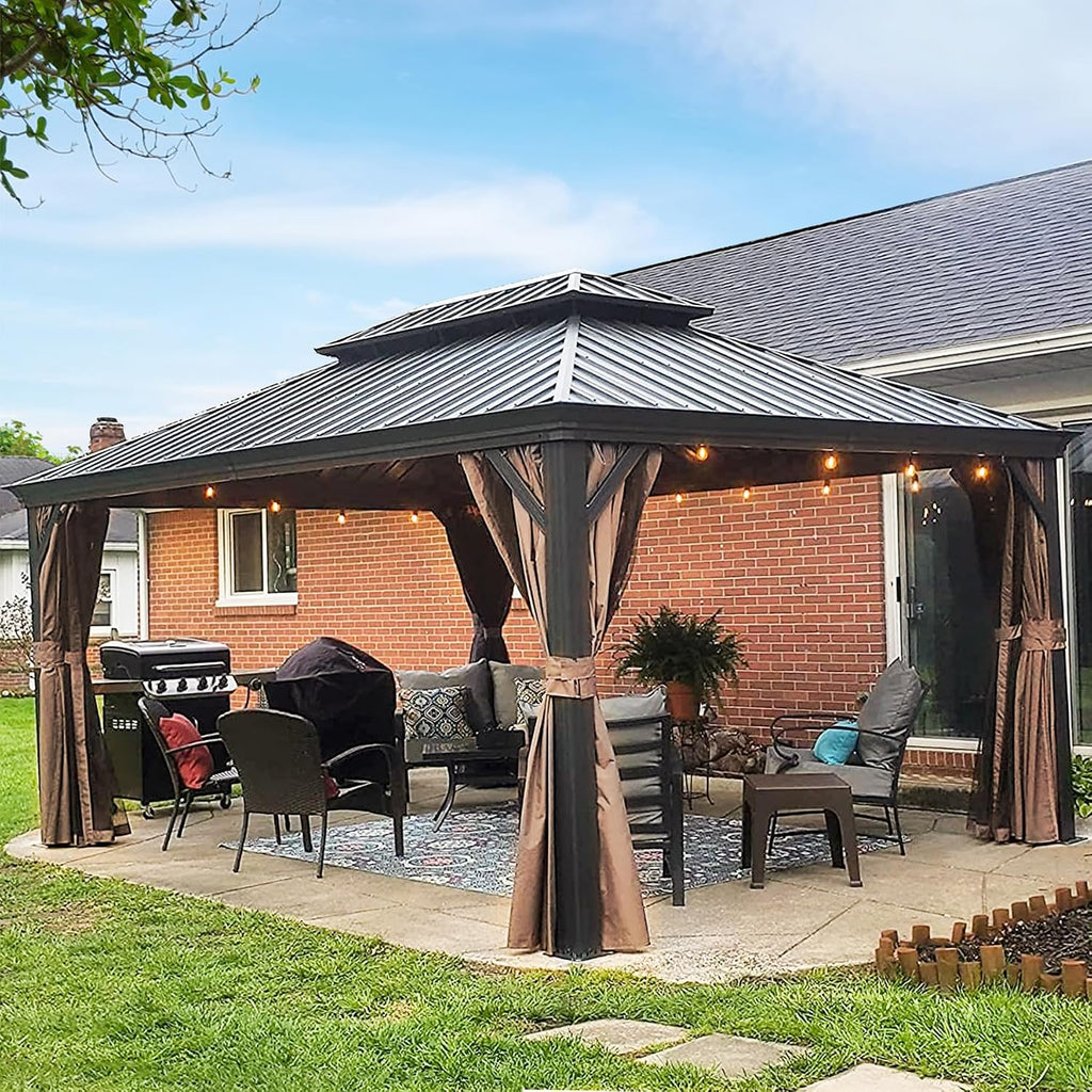 Domi Hardtop Gazebo 12x14FT, Outdoor Gazebo with Galvanized Steel Double Roof, Aluminum Frame, Built-in Gutter System, Curtain and Netting, Metal Gazebo Pavilion for Patio Deck Garden, Brown