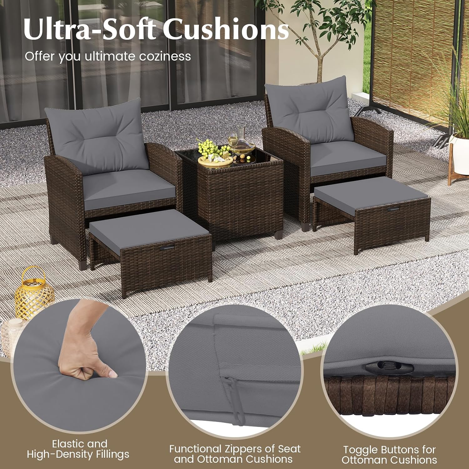 KOTEK 5 Pieces Patio Furniture Set with Ottomans, Wicker Patio Conversation Set with Coffee Table & Cushions, PE Rattan Outdoor Lounge Chairs for Backyard, Porch, Poolside (Mix Brown- Grey)