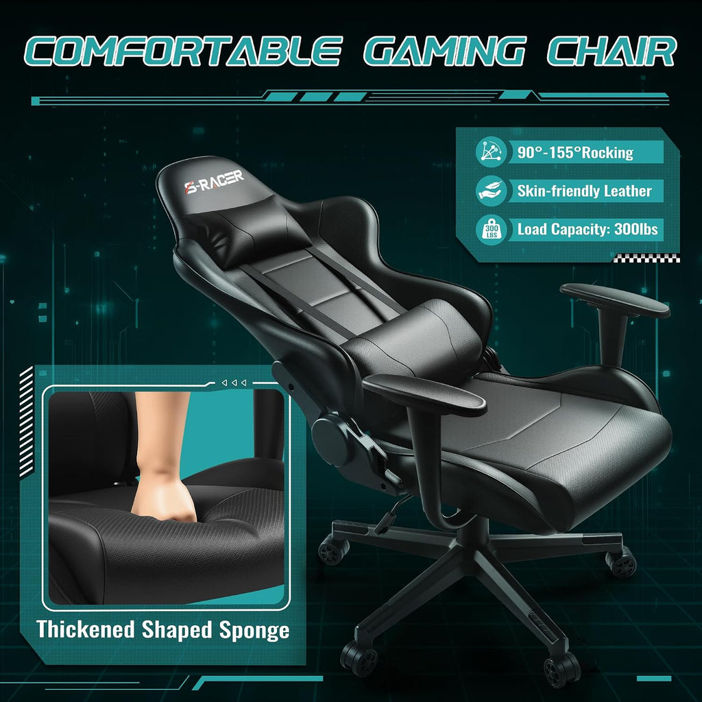 Furniwell Gaming Chair Racing Computer Chair Office Desk Chair Adjustable Swivel High Back Carbon Fiber Style Leather Executive Ergonomic Chair with Headrest and Lumbar Support (Black)