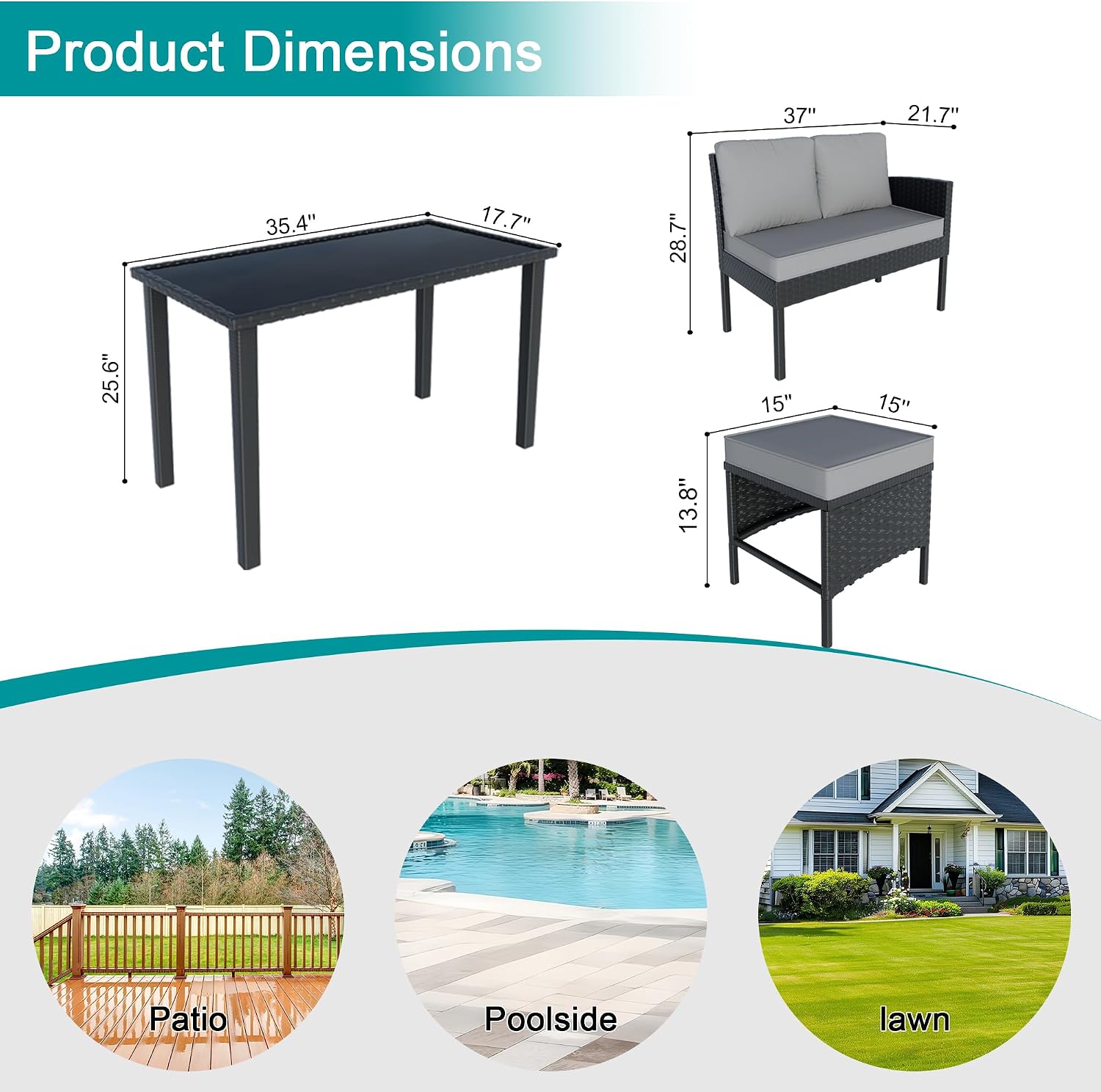7-Piece Patio Furniture Set, Outdoor Conversation Set with Dining Table & Ottomans, PE Rattan Sofa Set with Throw Pillows and Cushions for Deck Yard Poolside, Gray