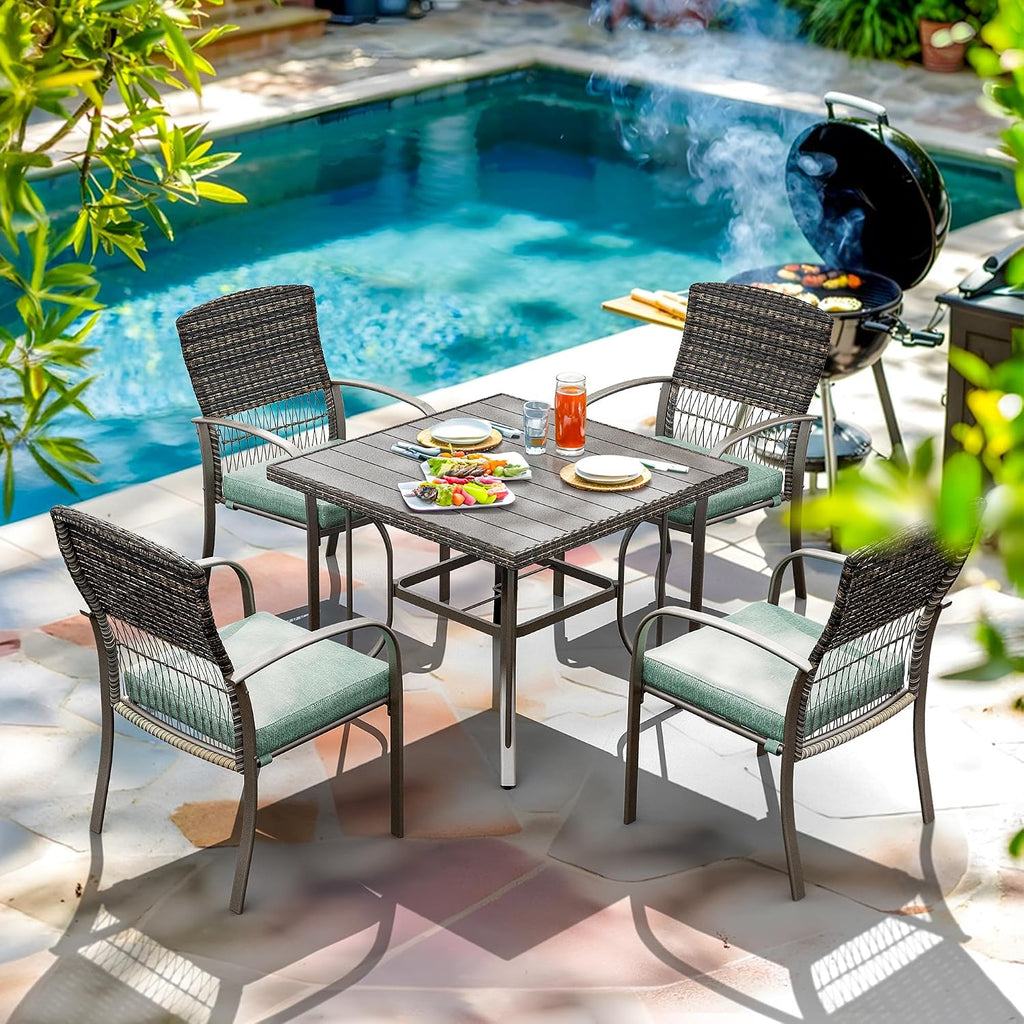Pamapic 5 Piece Patio Dining Set, Green, Weather Resistant PE Rattan Table and Chairs, Comfortable Cushions, Easy Maintenance
