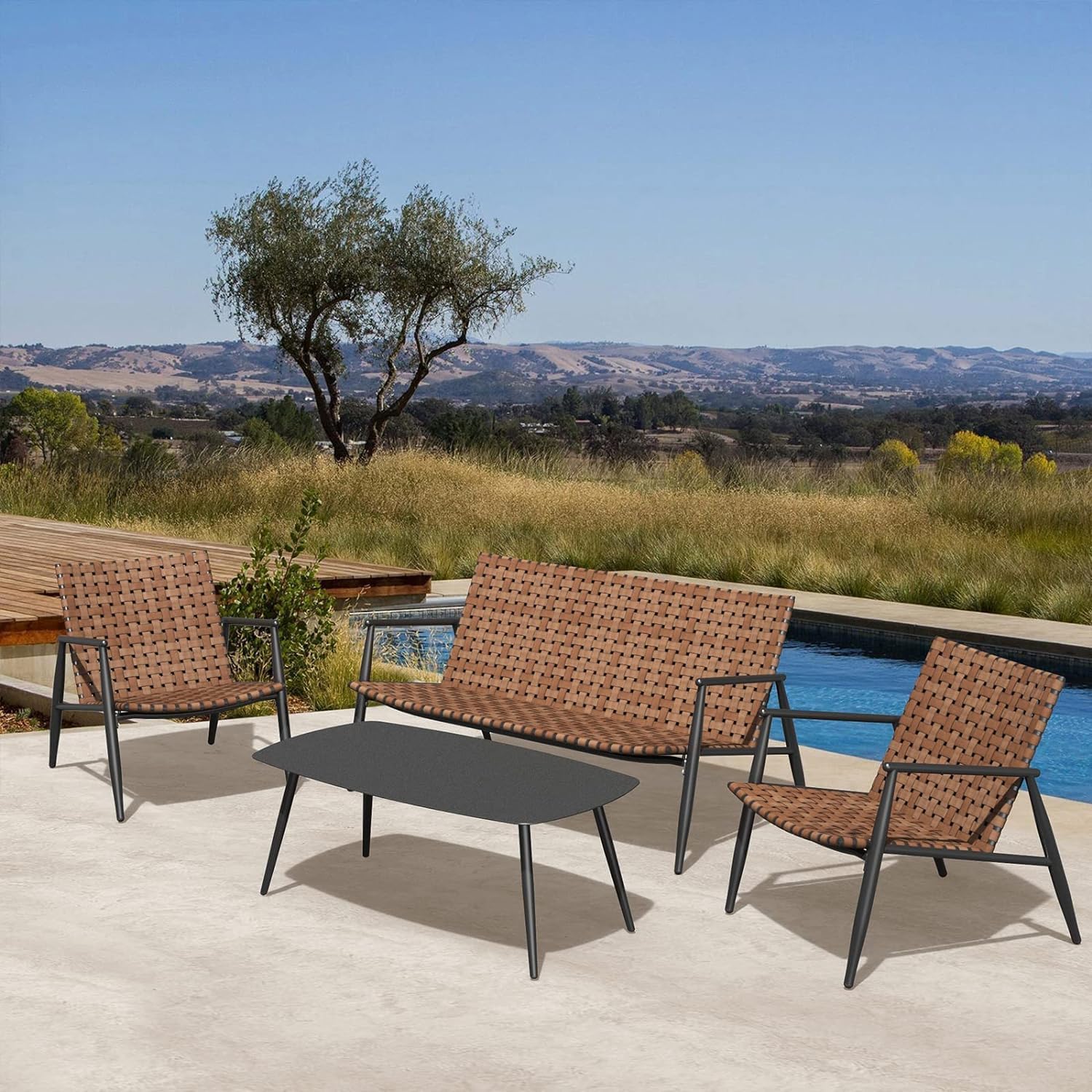 Grand patio 4 Pieces Outdoor Furniture Set, Leather-Look Patio Conversation Set, Vintage Brown Wicker Chairs Loveseat and 1 Coffee Table, Patio Furniture for Garden, Backyard, Porch