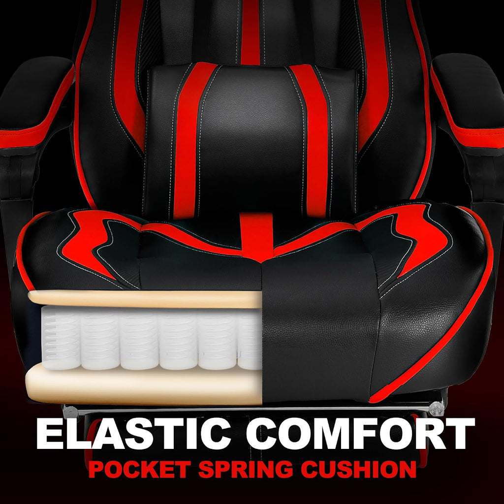 Vonesse Gaming Chair for Adults, Reclining Gaming Chairs with Footrest and Massage, Computer Gaming Chair for Heavy People,Ergonomic Gamer Chair Big and Tall (Red/Black)