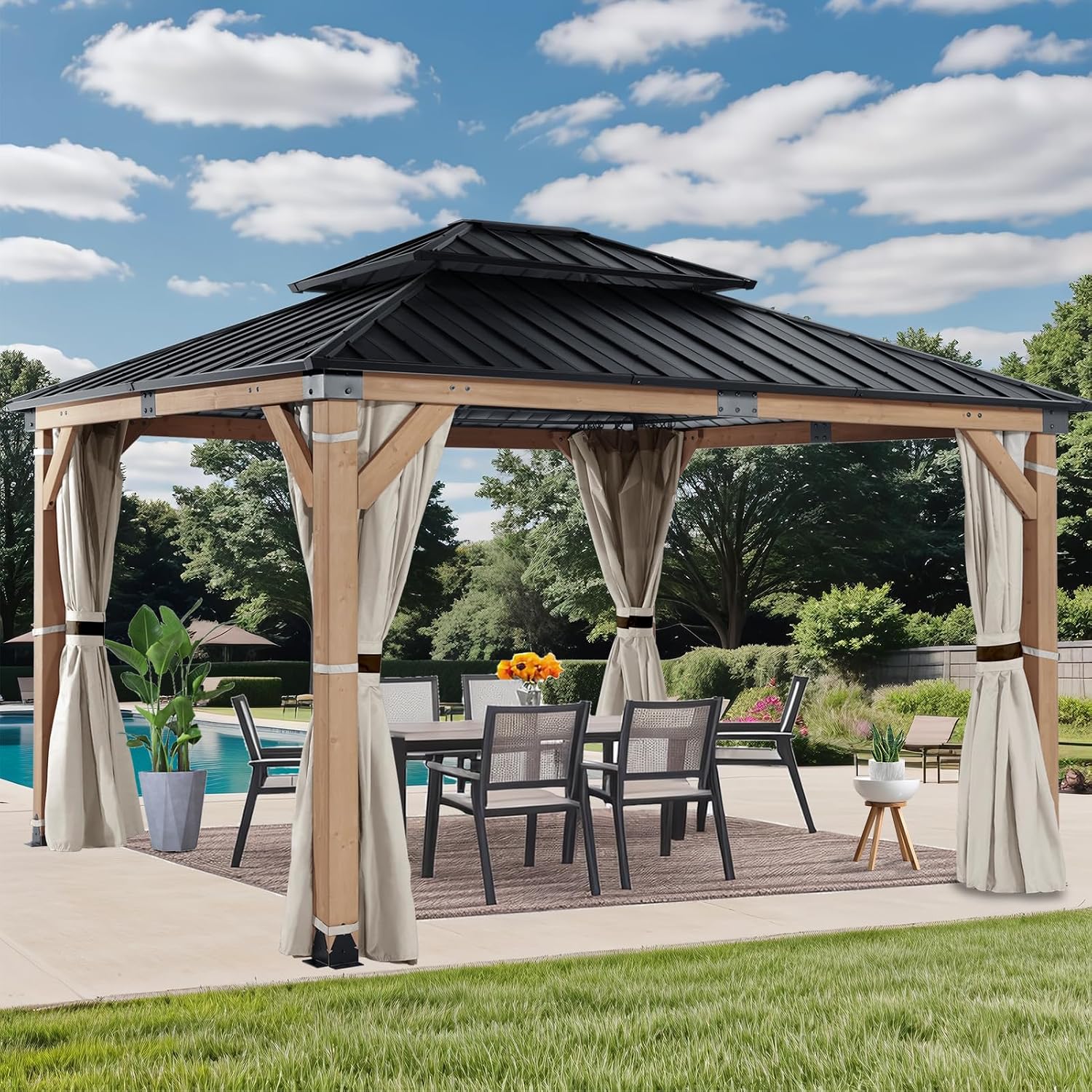 FAB BASED 10x12FT Hardtop Wood Gazebo, Natural Solid Cedar Frame Gazebo with 2-Tier Vented Roof, Outdoor Metal Canopy Pavilion with Netting & Curtains for Deck, Garden, Backyard, Lawn