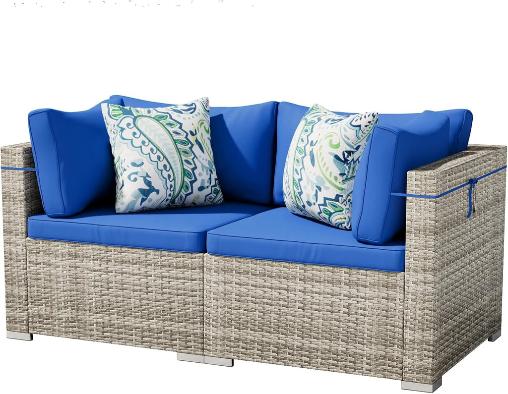 Tradare 2 Piece Patio Furniture Set, Outdoor Wicker Patio Sofa Set, PE Rattan Sectional Couch and Blue Cushions, All-Weather 2 Piece Outdoor Patio Furniture Sets, Grey