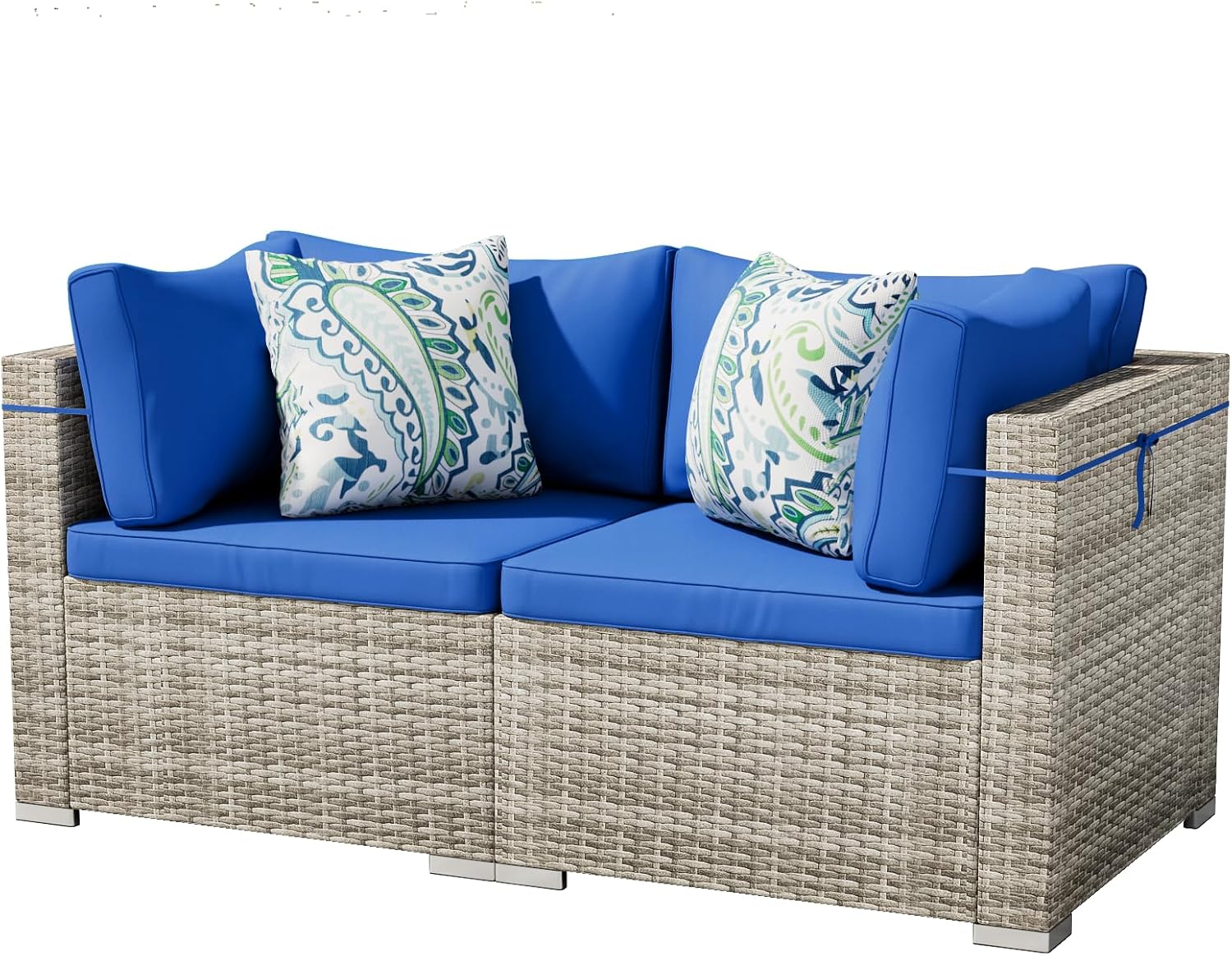 Tradare 2 Piece Patio Furniture Set, Outdoor Wicker Patio Sofa Set, PE Rattan Sectional Couch and Blue Cushions, All-Weather 2 Piece Outdoor Patio Furniture Sets, Grey