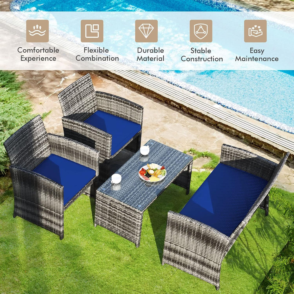 Giantex 4 Pc Patio Conversation Set, Rattan Loveseat & Patio Chairs with Cushioned Seat, Wicker Coffee Table, Outdoor Furniture Set for Front Porch Poolside Garden Lawn