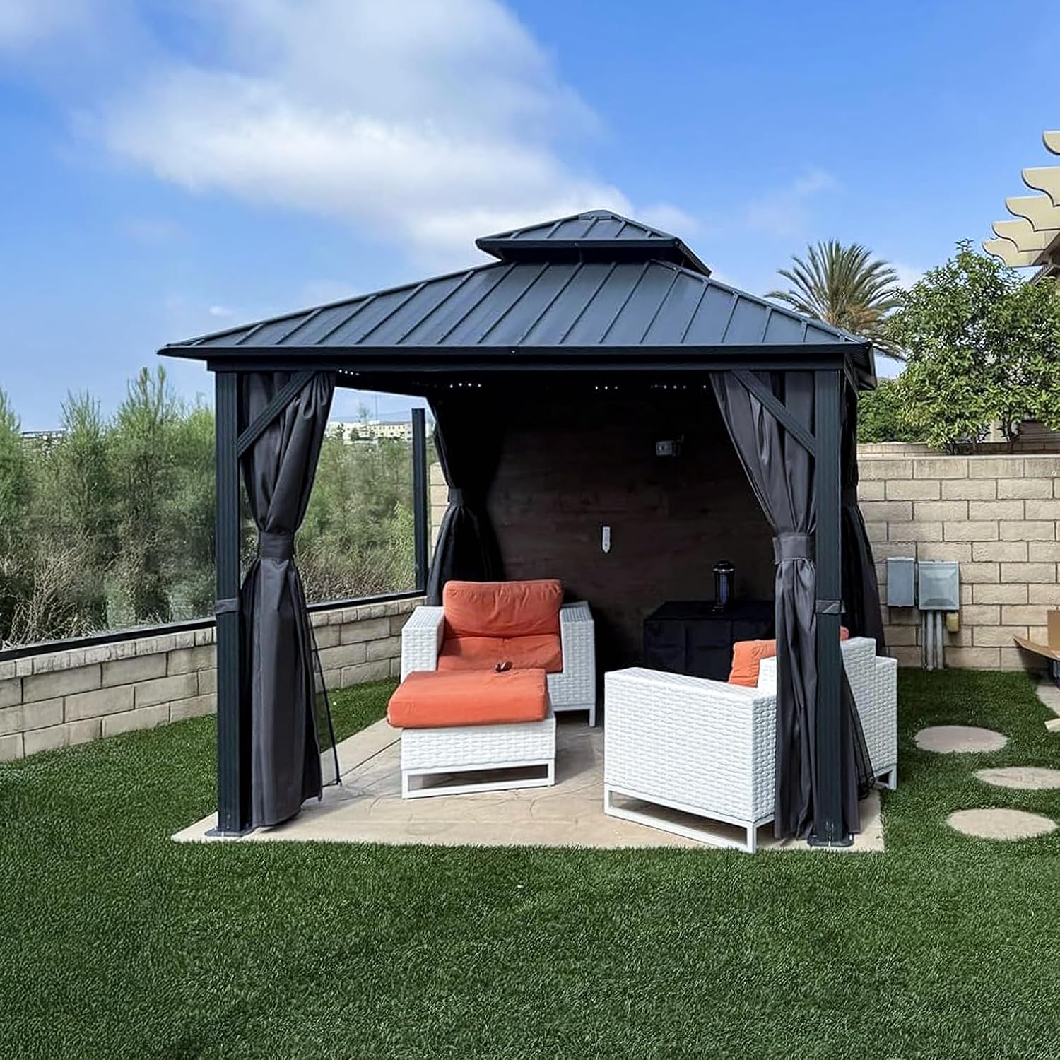 PURPLE LEAF 10' X 10' Hardtop Gazebo Permanent Gazebo with Galvanized Steel Double Roof for Patio Lawn Garden Aluminum with Netting and Curtains Grey