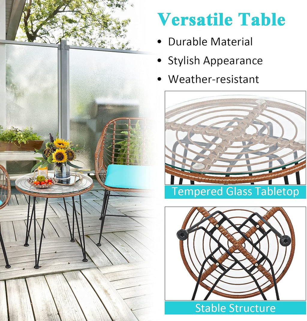 Tangkula 3 Pieces Patio Conversation Bistro Set, Outdoor Wicker Furniture w/Round Tempered Glass Top Table & 2 Rattan Armchairs, Bistro Chat Set w/Seat Cushions for Porch, Backyard, Garden