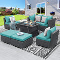 BULEXYARD 7 Piece High Back Outdoor Sectional Set with Fire Pit Table, Wicker Patio Furniture Set Weather-Resistant, Modular 6-Person Couch Sofa Comfortable Wide Deep Seats for Backyard, Grey & Teal